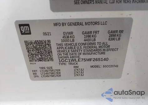 2021 Chevrolet Silverado 2500Hd 2Wd Standard Bed Wt z USA, uszkodzony, nr VIN 1GC1WLE75MF265140